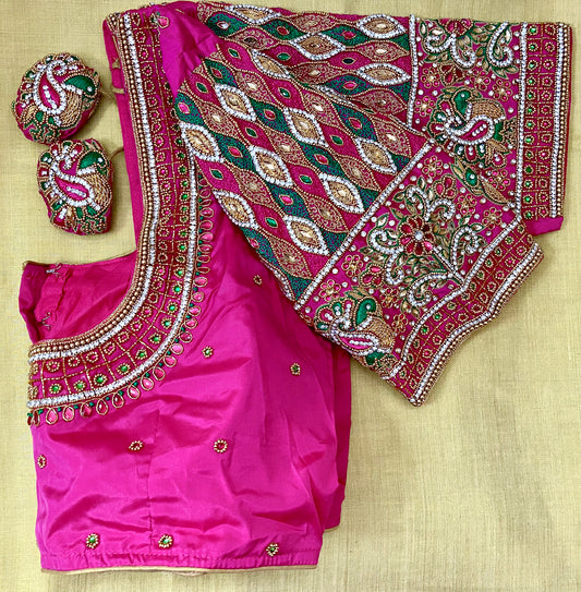 Aari Maggam work blouse Pink and Green | Fits 38"-44"|PrincessCut Padded