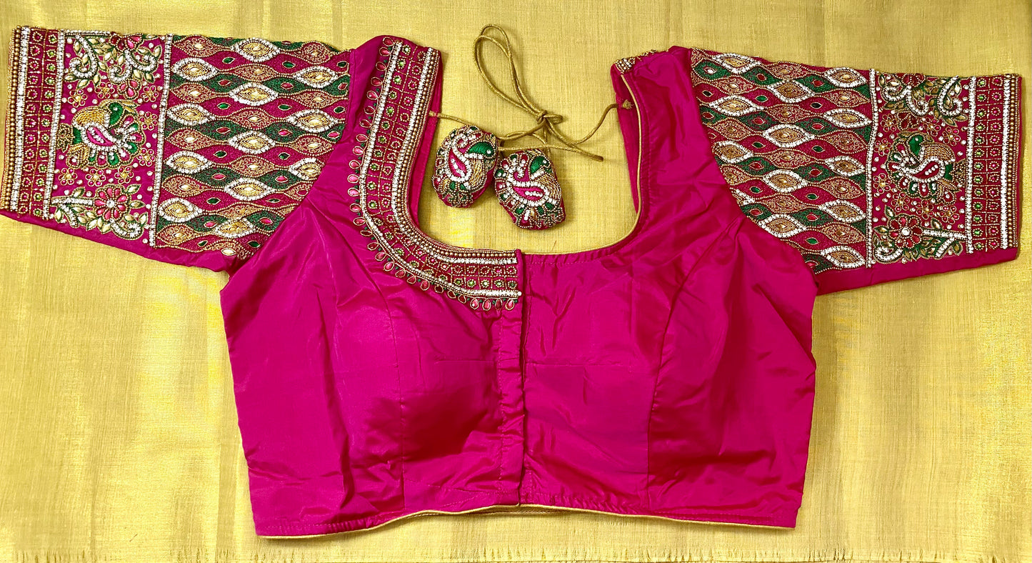 Aari Maggam work blouse Pink and Green | Fits 38"-44"|PrincessCut Padded