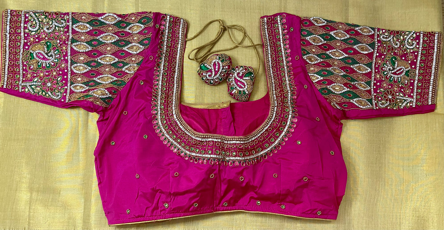 Aari Maggam work blouse Pink and Green | Fits 38"-44"|PrincessCut Padded