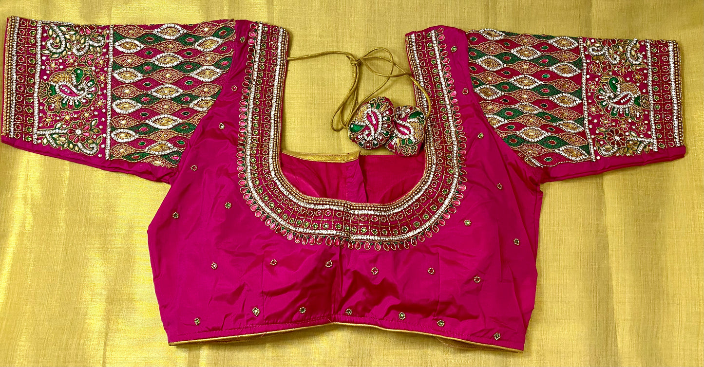 Aari Maggam work blouse Pink and Green | Fits 38"-44"|PrincessCut Padded