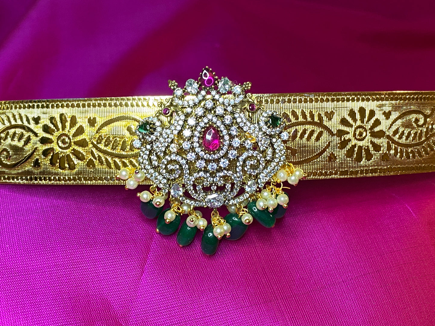 Kamarpatta CZ American Diamond Vaddanam|Green Ruby Pearl Adult