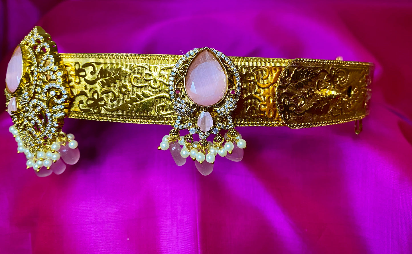 Kamarpatta CZ American Diamond Vaddanam| Pink Pearl |Adult