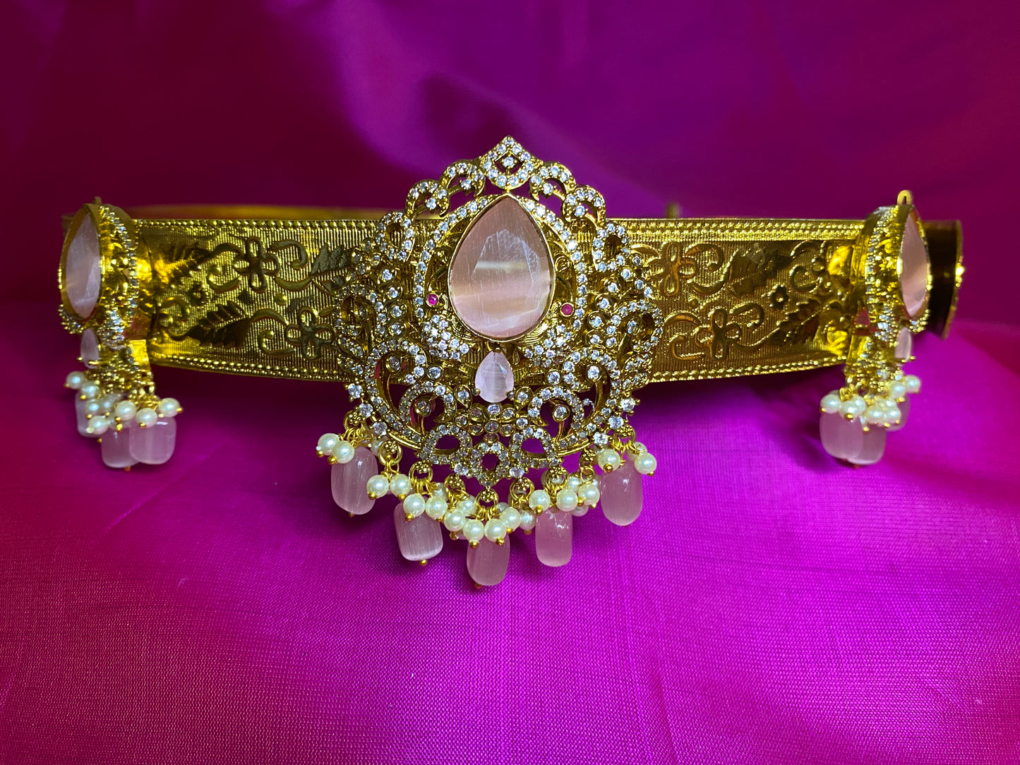 Kamarpatta CZ American Diamond Vaddanam| Pink Pearl |Adult