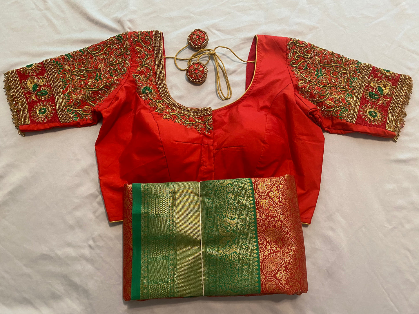 Pattu style Saree with Readymade Maggam Aari blouse|PrincessCut|Fits 36"-42”|Wedding Embroidered Blouse|Saree with stitched blouse Fall Pico