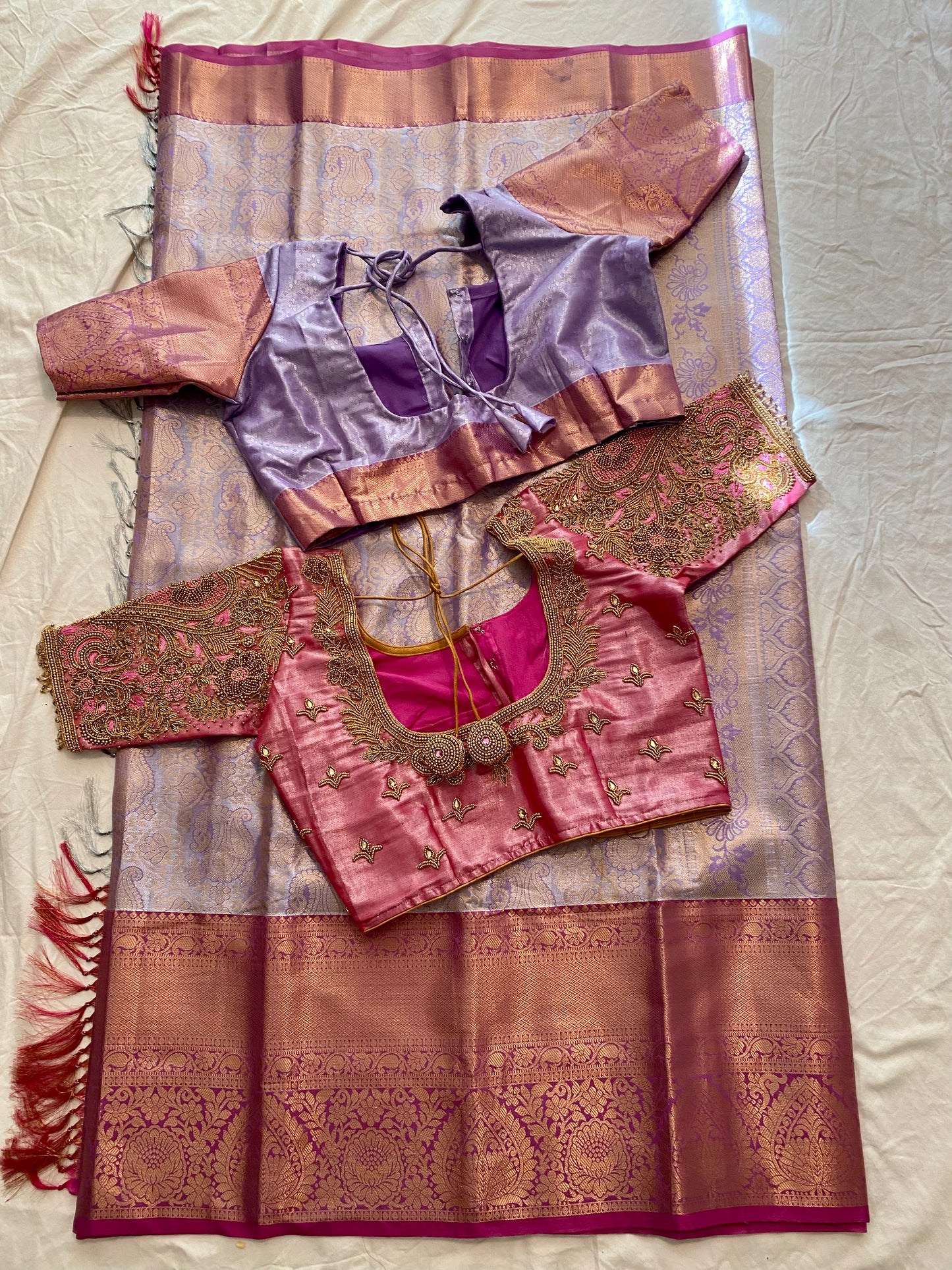 Pattu style Saree with Readymade Maggam Aari blouse|PrincessCut|Fits 38"-44”|Wedding Embroidered Blouse|Saree with stitched blouse Fall Pico