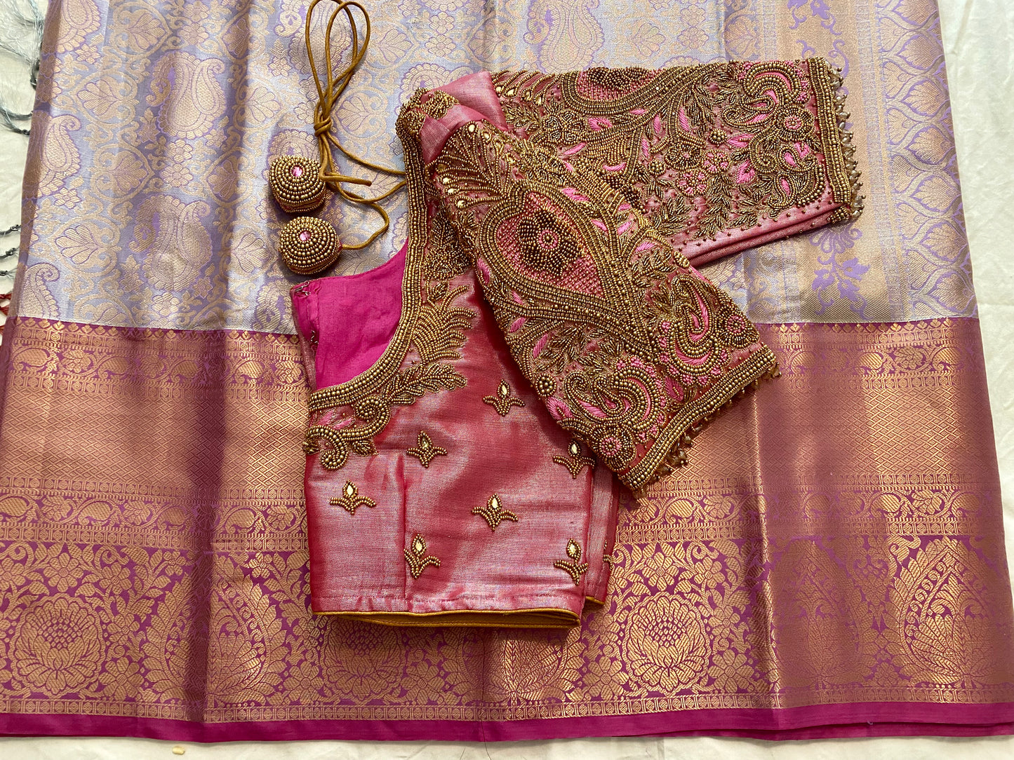 Pattu style Saree with Readymade Maggam Aari blouse|PrincessCut|Fits 38"-44”|Wedding Embroidered Blouse|Saree with stitched blouse Fall Pico