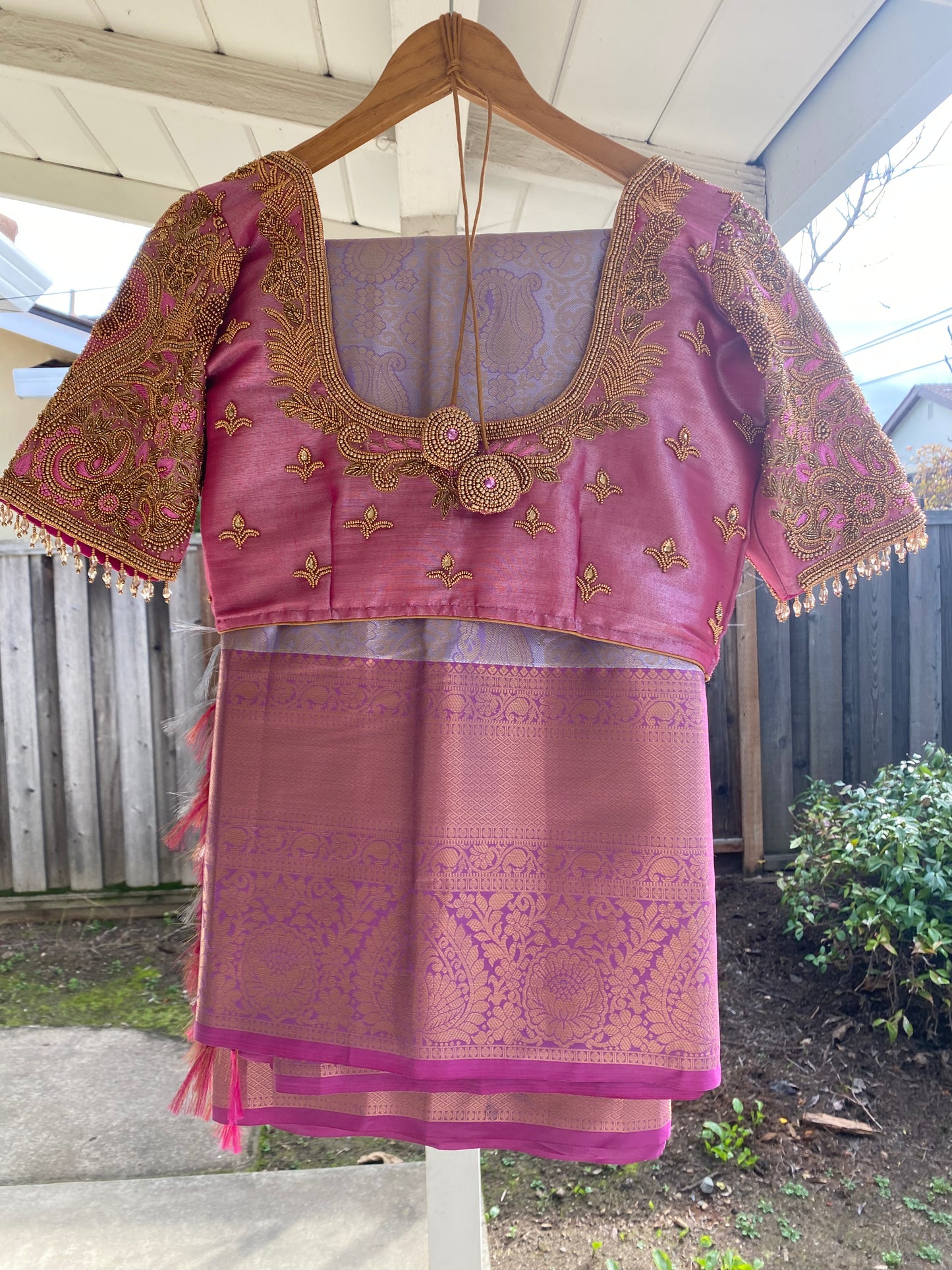 Pattu style Saree with Readymade Maggam Aari blouse|PrincessCut|Fits 38"-44”|Wedding Embroidered Blouse|Saree with stitched blouse Fall Pico