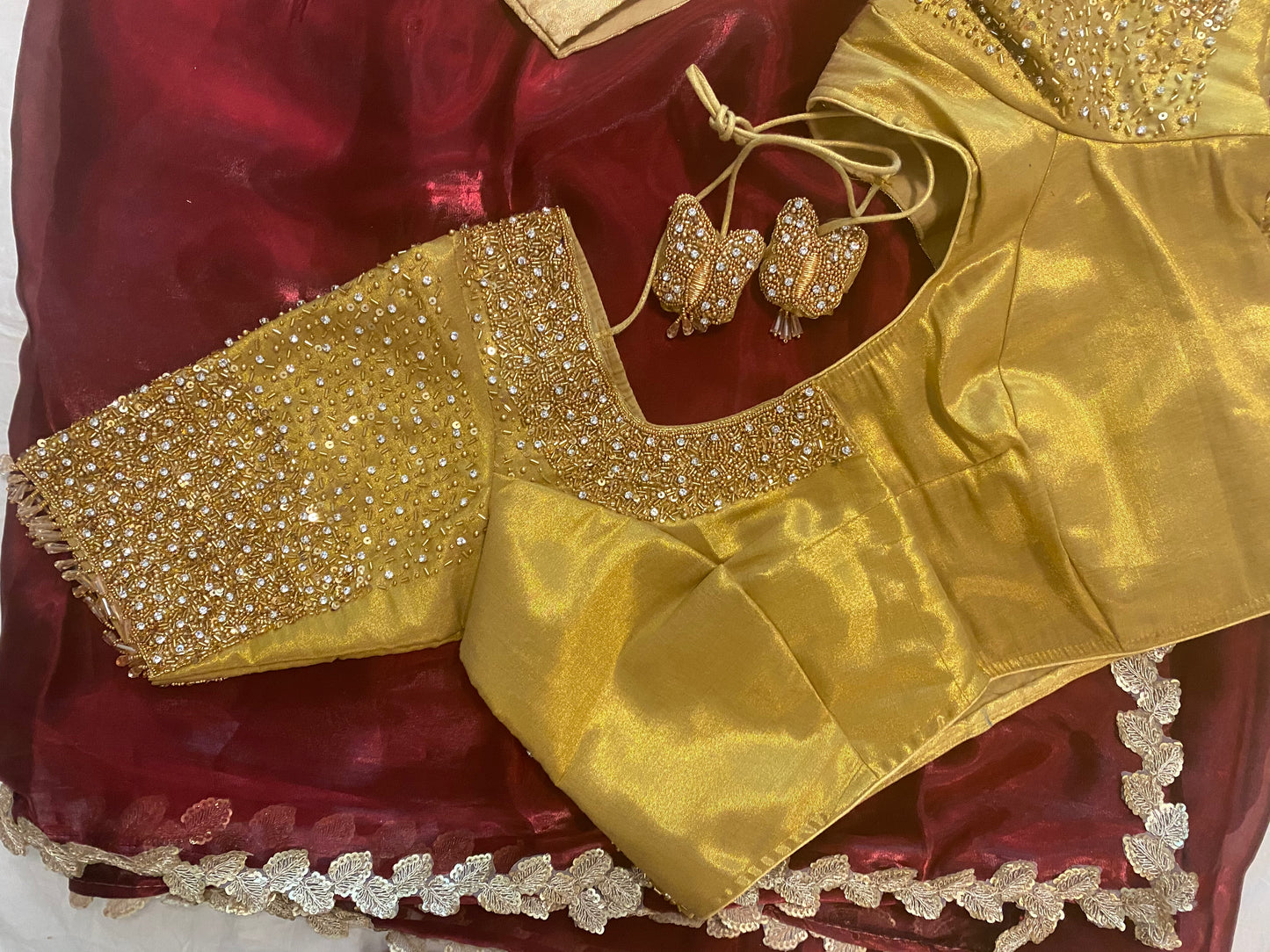 Organza Saree with Sequin Lace and stitched blouse|Light weight| Plain saree with border and readymade blouse|Fall pico/overlock done