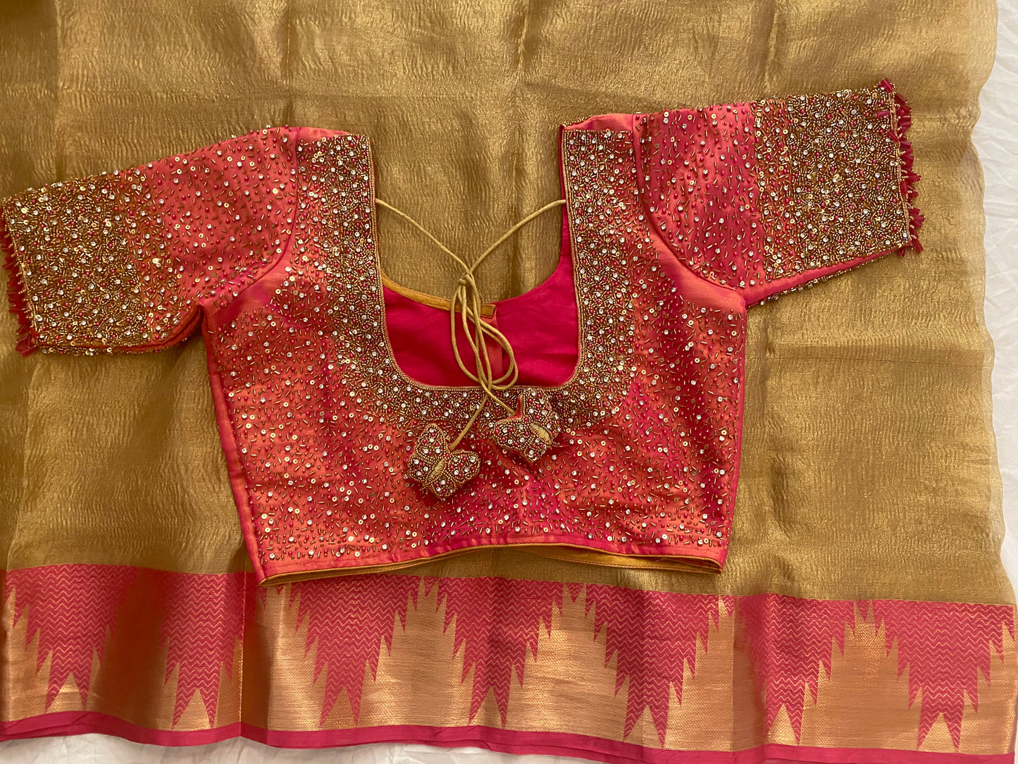 Tissue crush Saree with Readymade Stitched Maggam Aari blouse|Fits 36"margin upto 42”|