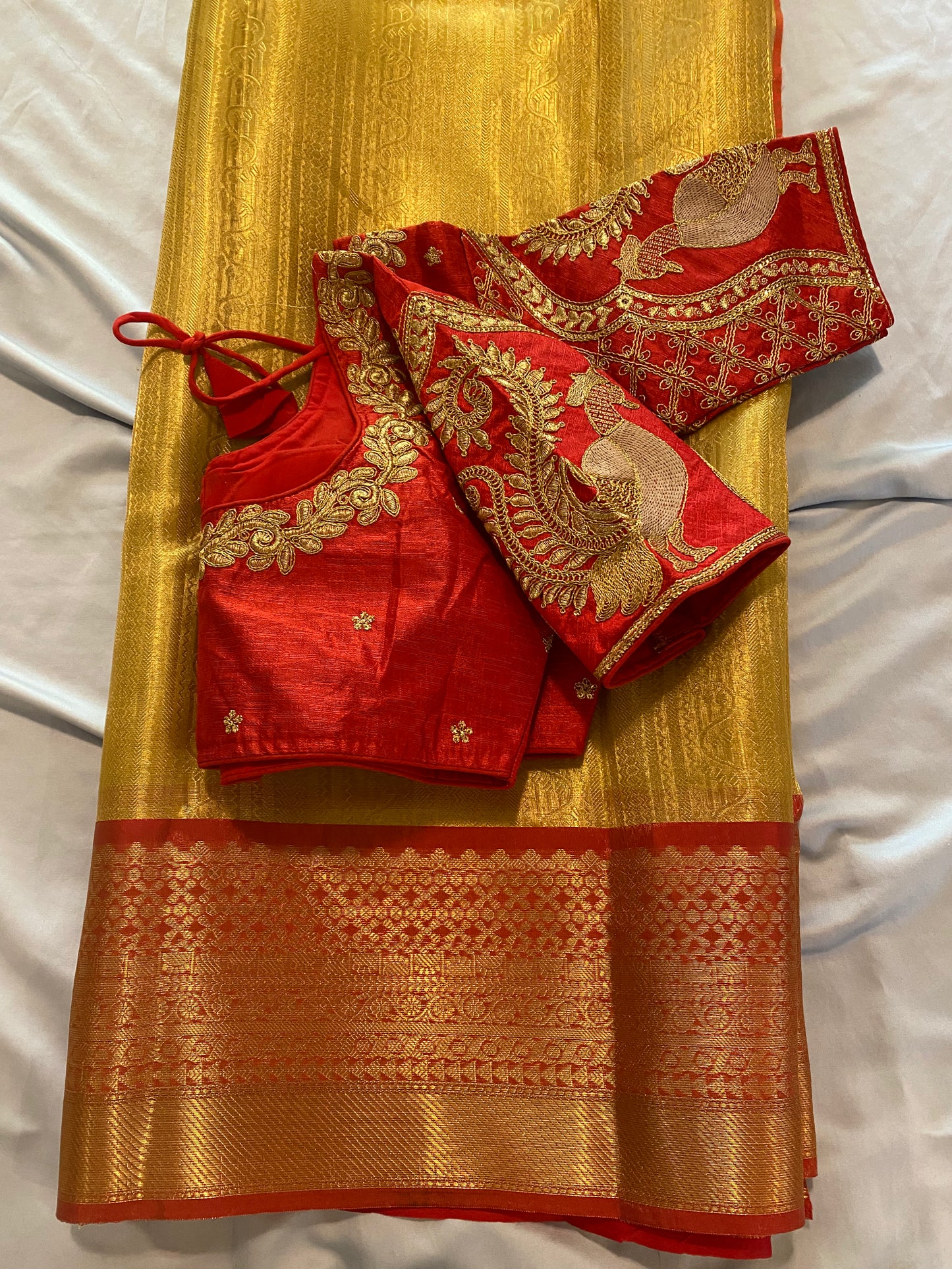 Tissue saree |Kanjivaram style| Saree with stitched Blouse and matching saree blouse|Padded fits bust 38"- 42"