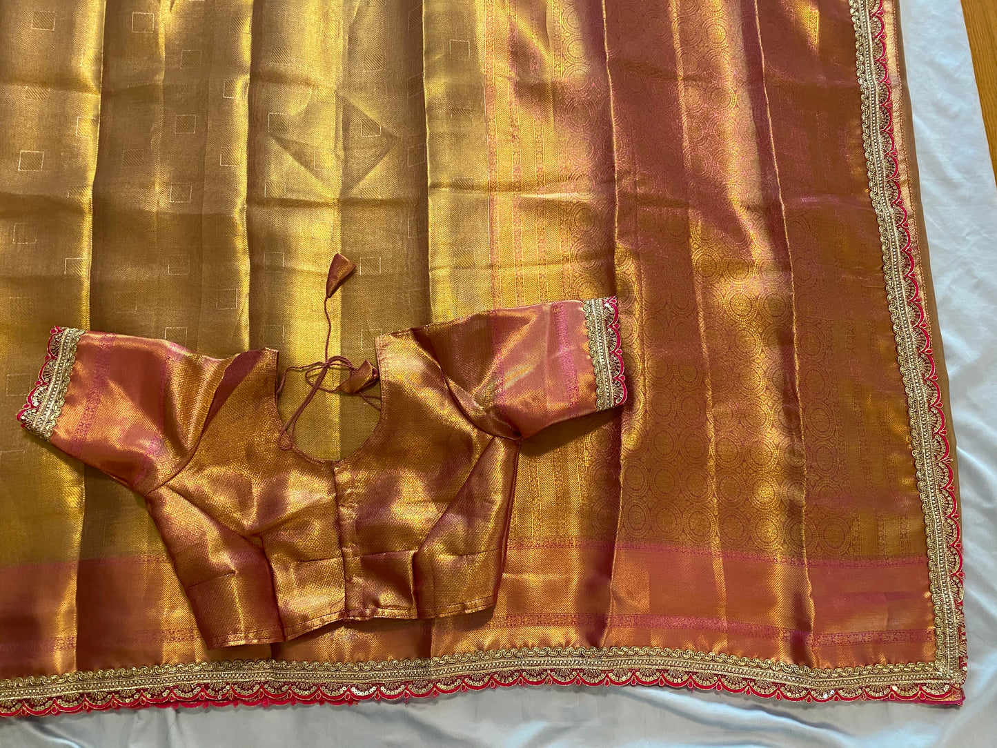 Jyotika Style Tissue saree with lace border|Gold and Light Pink| Saree with stitched Blouse|Non-Padded fits bust 38"- 46"|Fall pico done