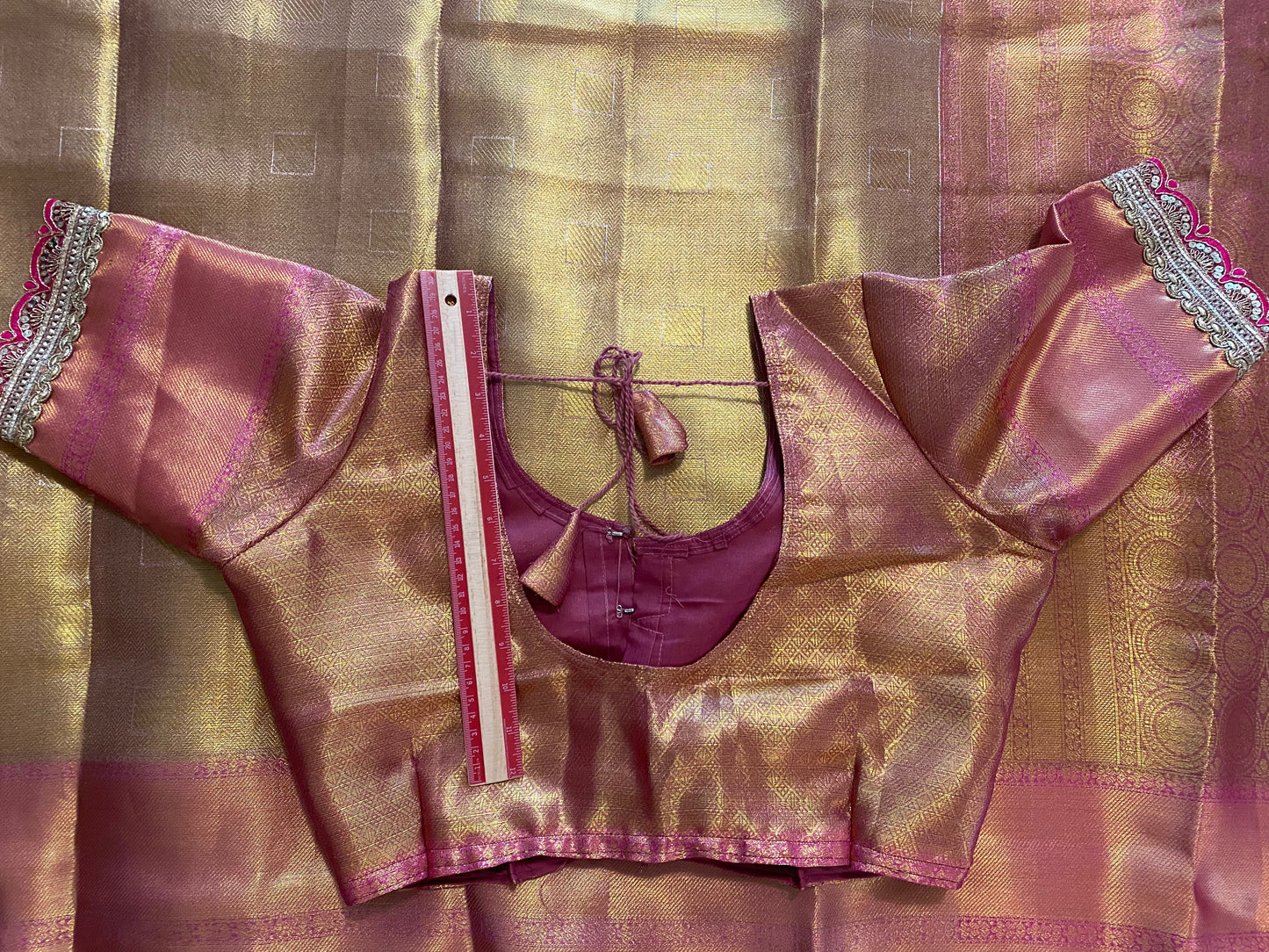 Jyotika Style Tissue saree with lace border|Gold and Light Pink| Saree with stitched Blouse|Non-Padded fits bust 38"- 46"|Fall pico done