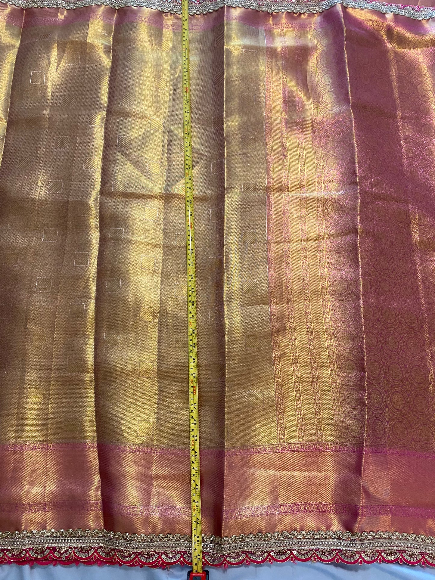 Jyotika Style Tissue saree with lace border|Gold and Light Pink| Saree with stitched Blouse|Non-Padded fits bust 38"- 46"|Fall pico done