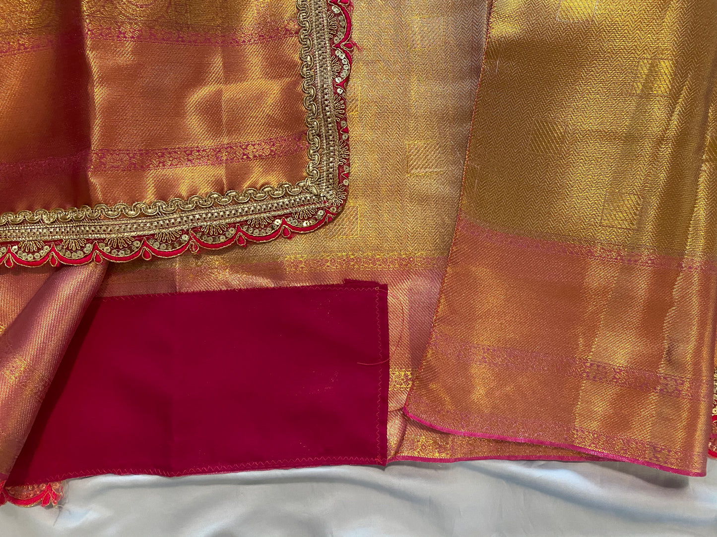 Jyotika Style Tissue saree with lace border|Gold and Light Pink| Saree with stitched Blouse|Non-Padded fits bust 38"- 46"|Fall pico done