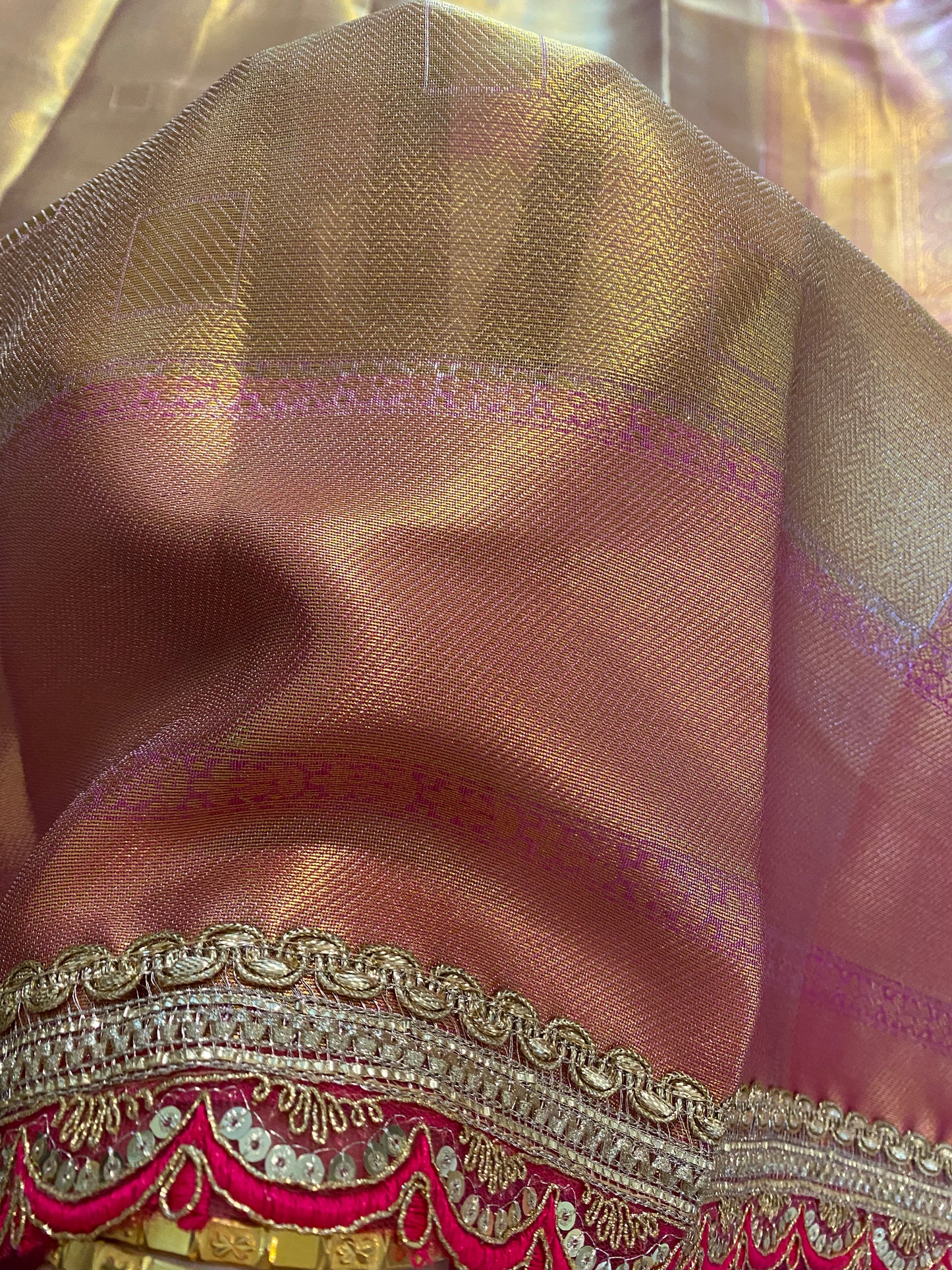 Jyotika Style Tissue saree with lace border|Gold and Light Pink| Saree with stitched Blouse|Non-Padded fits bust 38"- 46"|Fall pico done