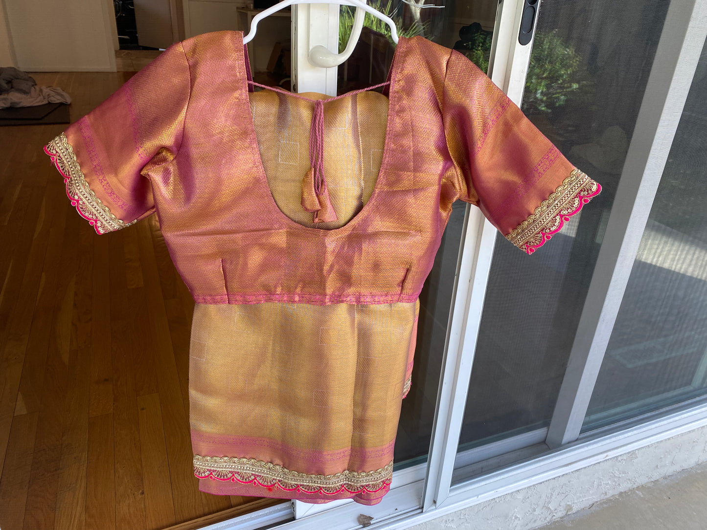 Jyotika Style Tissue saree with lace border|Gold and Light Pink| Saree with stitched Blouse|Non-Padded fits bust 38"- 46"|Fall pico done