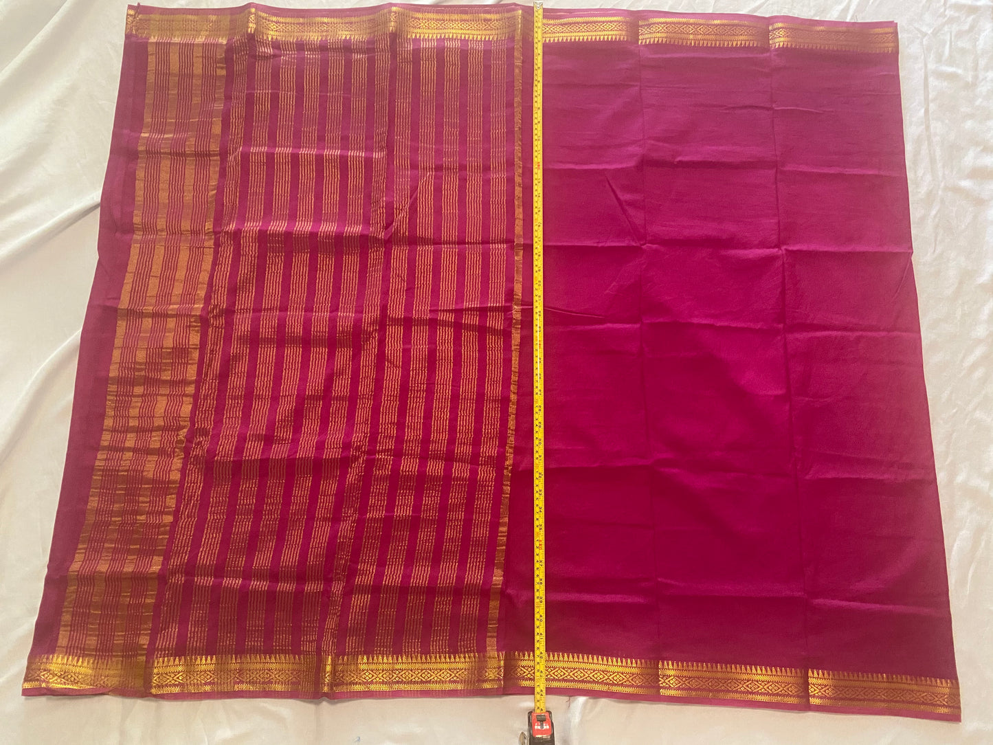 Semi-crepe Saree with Stitched blouse|Mysore Silk style design|Blouse Fits Bust 38" margin upto 46"|Fall ,Pico/overlock done|Light Weight