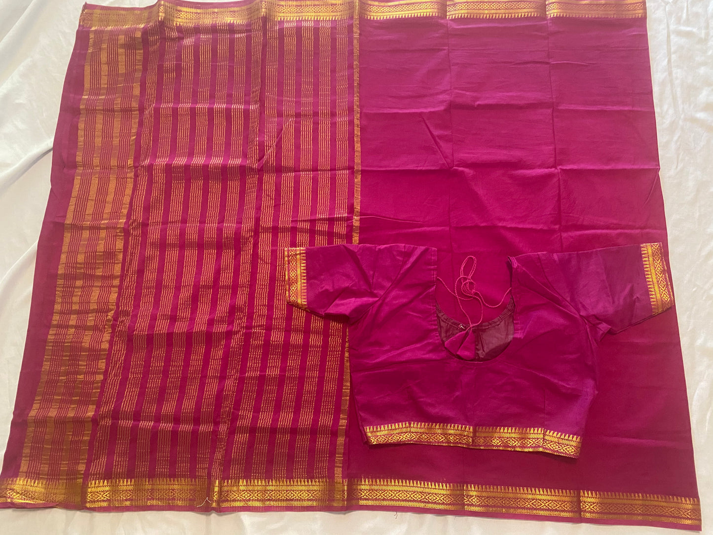 Semi-crepe Saree with Stitched blouse|Mysore Silk style design|Blouse Fits Bust 38" margin upto 46"|Fall ,Pico/overlock done|Light Weight