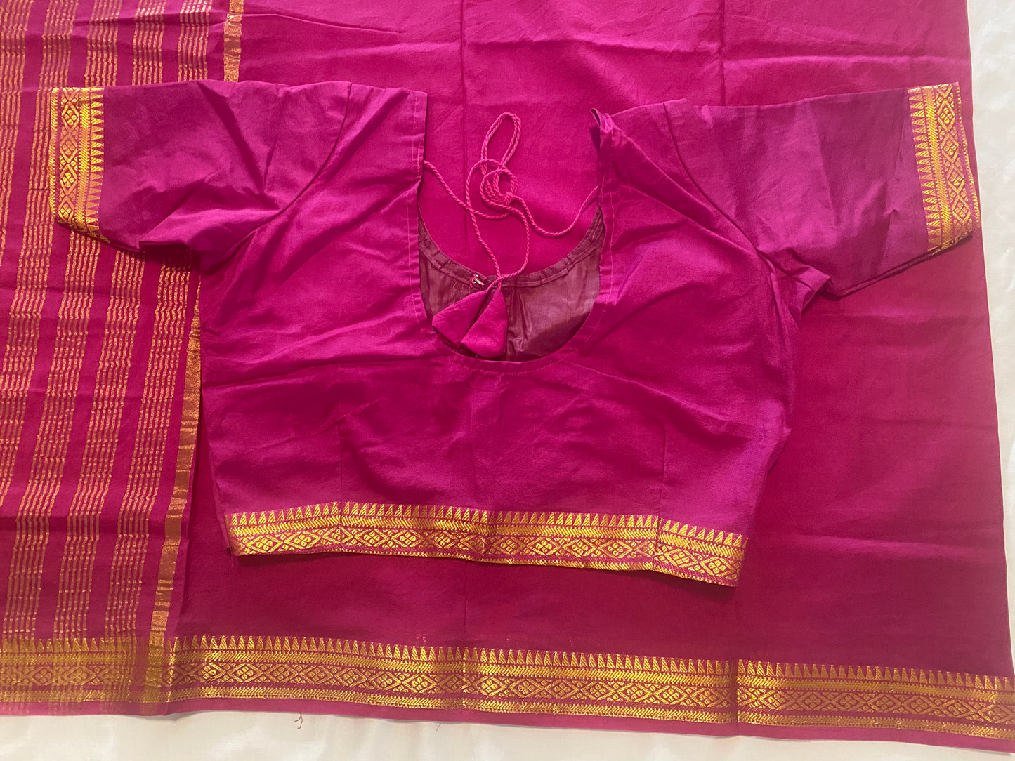 Semi-crepe Saree with Stitched blouse|Mysore Silk style design|Blouse Fits Bust 38" margin upto 46"|Fall ,Pico/overlock done|Light Weight