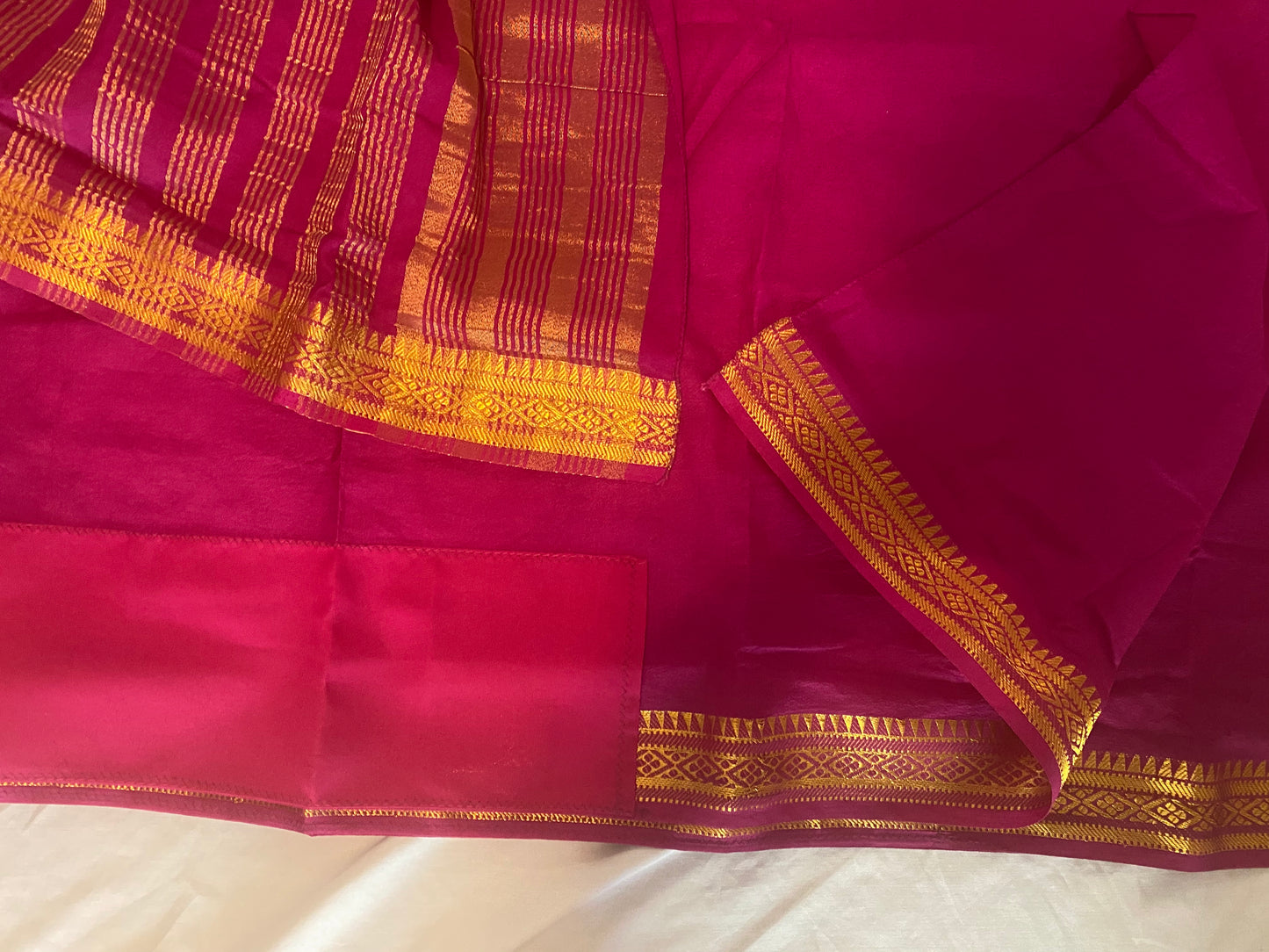 Semi-crepe Saree with Stitched blouse|Mysore Silk style design|Blouse Fits Bust 38" margin upto 46"|Fall ,Pico/overlock done|Light Weight