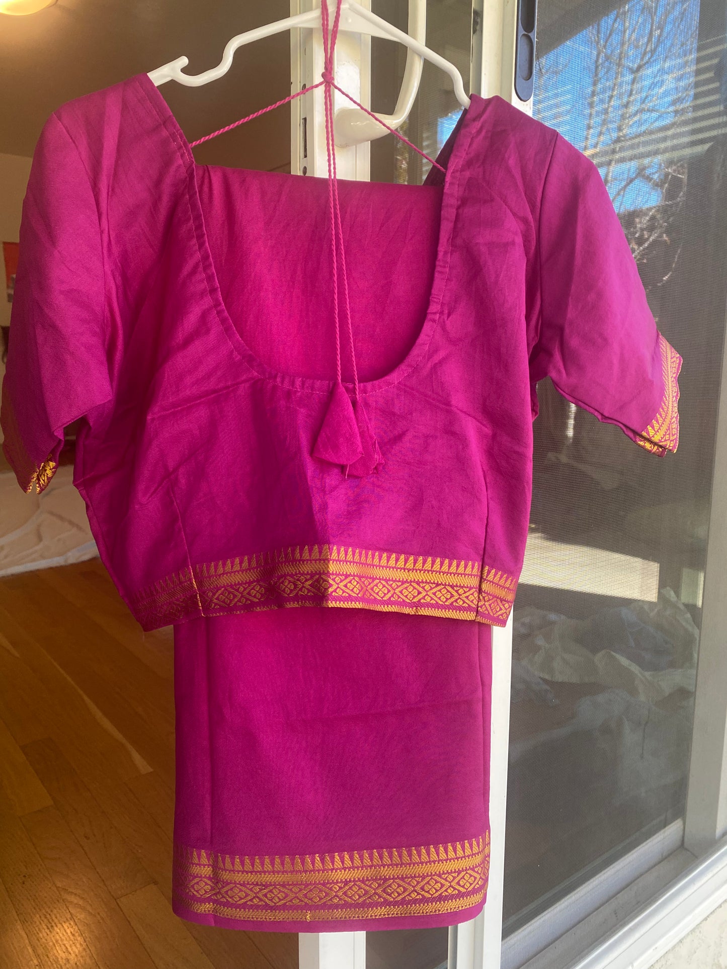 Semi-crepe Saree with Stitched blouse|Mysore Silk style design|Blouse Fits Bust 38" margin upto 46"|Fall ,Pico/overlock done|Light Weight