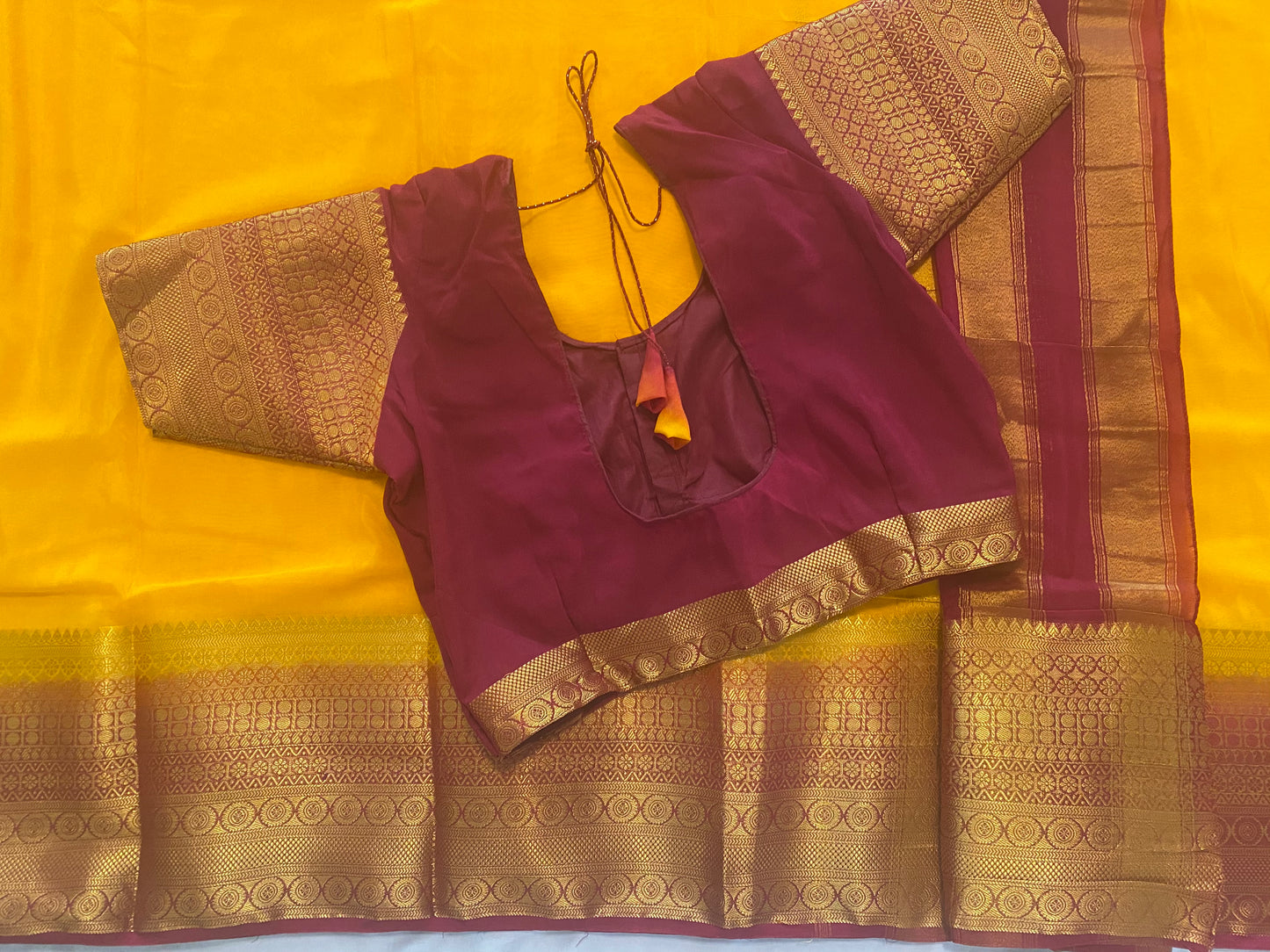 Semi-crepe Saree with Stitched blouse|Mysore Silk style design|Blouse Fits Bust 38" margin upto 46"|Fall ,Pico/overlock done|Light Weight