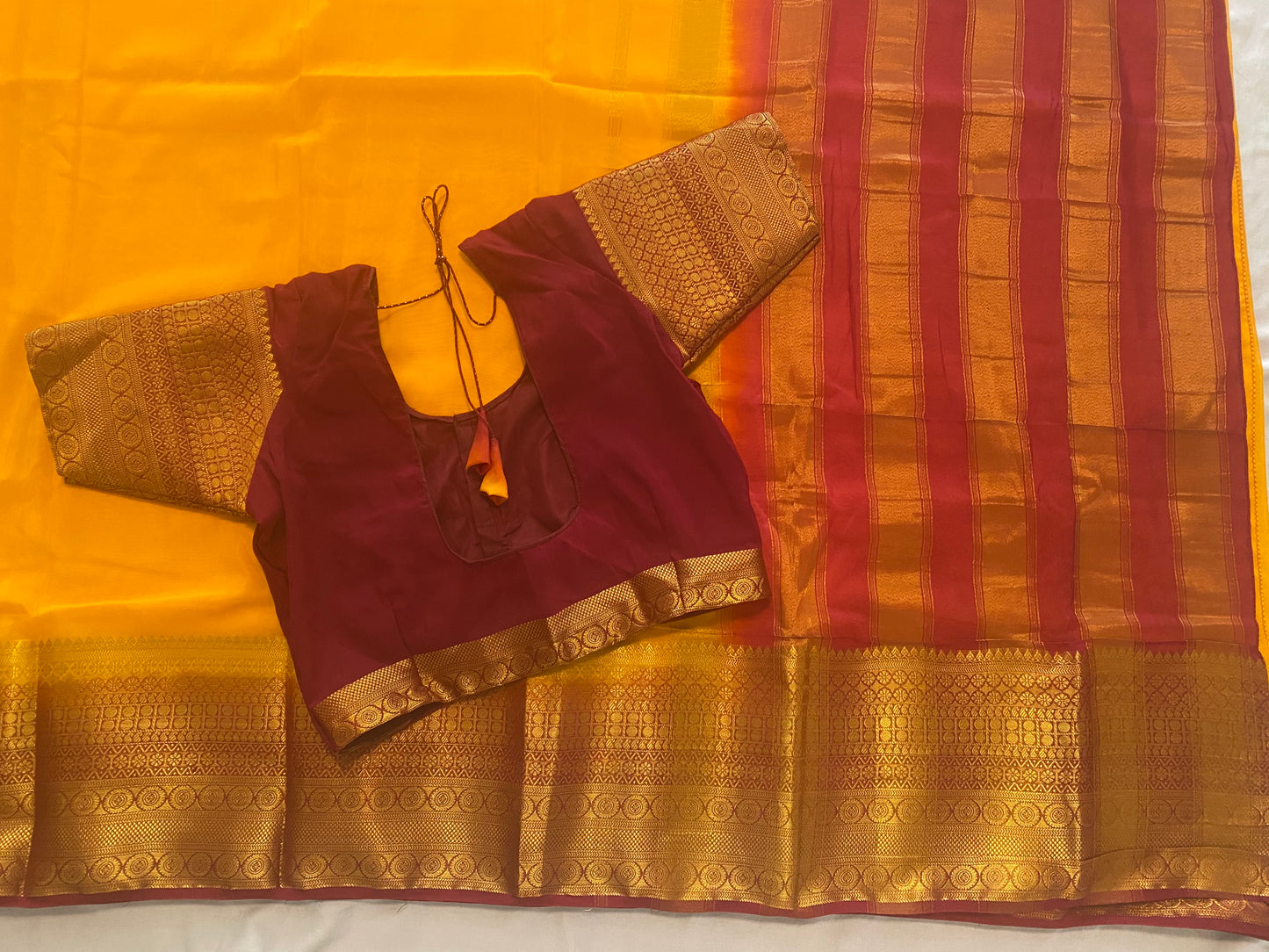 Semi-crepe Saree with Stitched blouse|Mysore Silk style design|Blouse Fits Bust 38" margin upto 46"|Fall ,Pico/overlock done|Light Weight