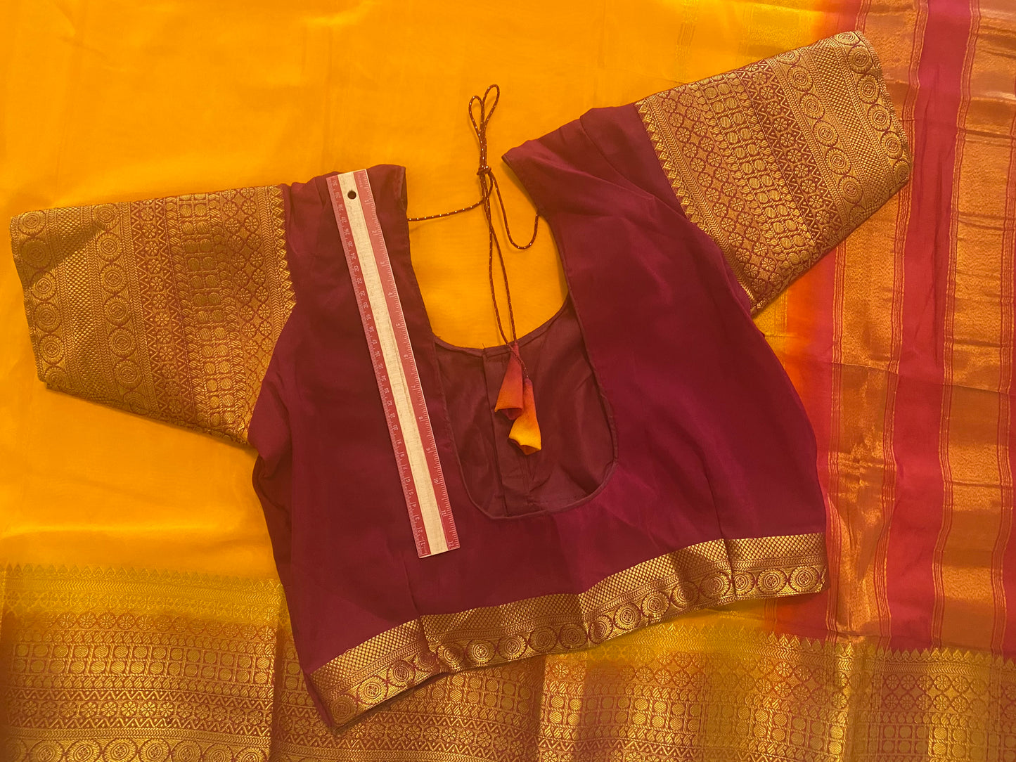 Semi-crepe Saree with Stitched blouse|Mysore Silk style design|Blouse Fits Bust 38" margin upto 46"|Fall ,Pico/overlock done|Light Weight