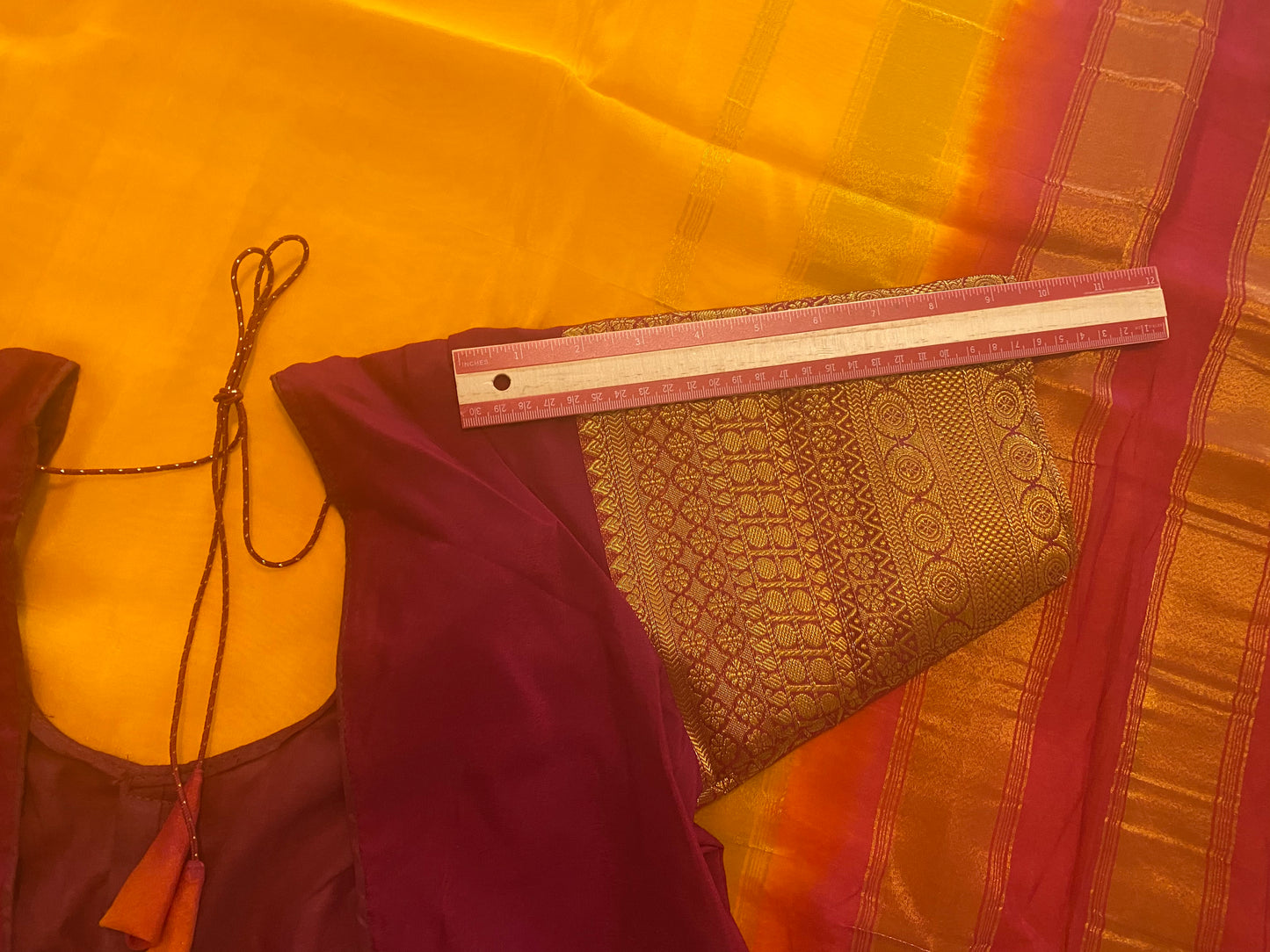 Semi-crepe Saree with Stitched blouse|Mysore Silk style design|Blouse Fits Bust 38" margin upto 46"|Fall ,Pico/overlock done|Light Weight