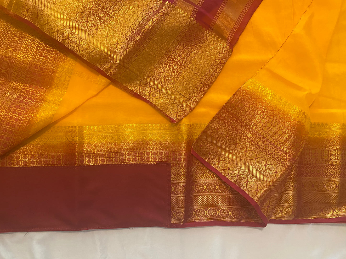 Semi-crepe Saree with Stitched blouse|Mysore Silk style design|Blouse Fits Bust 38" margin upto 46"|Fall ,Pico/overlock done|Light Weight