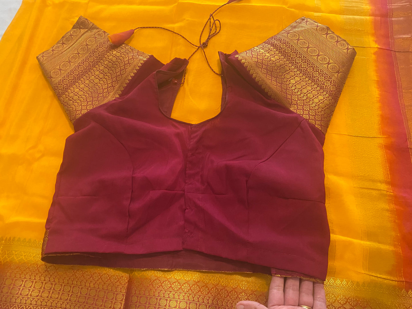 Semi-crepe Saree with Stitched blouse|Mysore Silk style design|Blouse Fits Bust 38" margin upto 46"|Fall ,Pico/overlock done|Light Weight