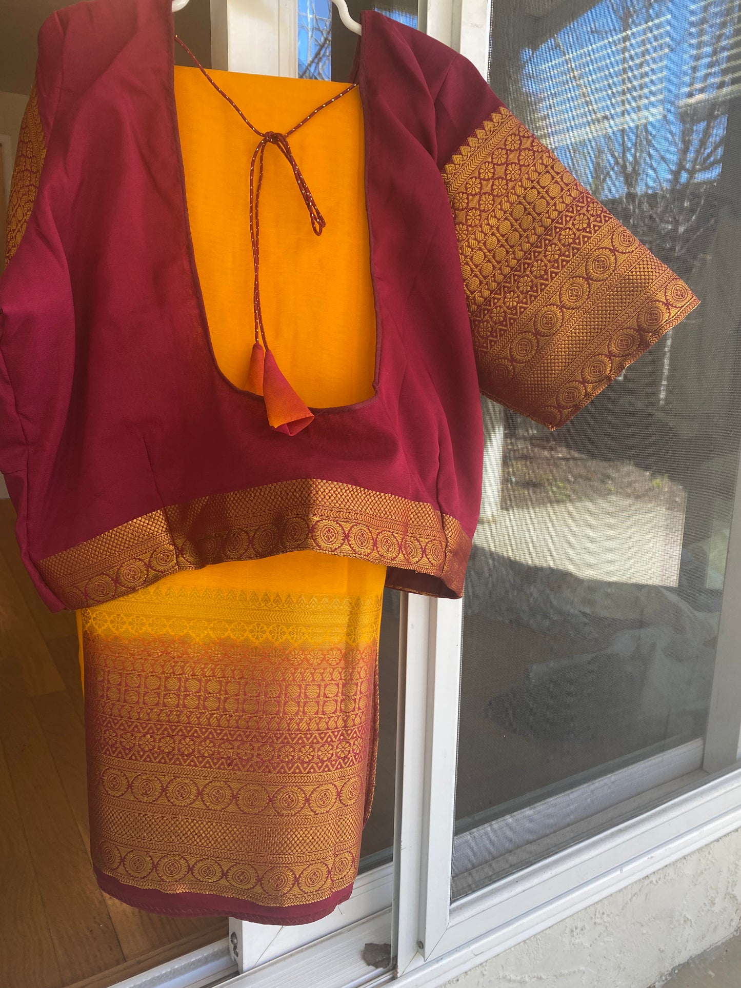 Semi-crepe Saree with Stitched blouse|Mysore Silk style design|Blouse Fits Bust 38" margin upto 46"|Fall ,Pico/overlock done|Light Weight