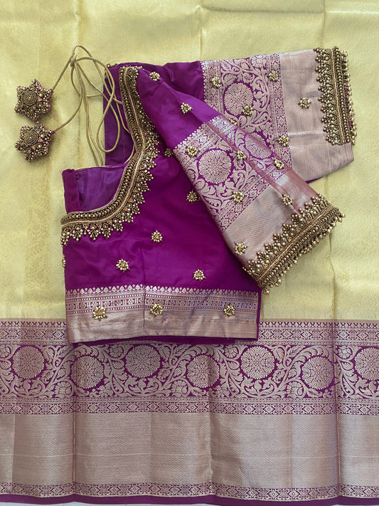 Mix Silk Saree with Maggam Aari work Stitched blouse|Kanjivaram Pattu style mix silk saree |Saree with readymade blouse|Fall ,Pico/overlock done