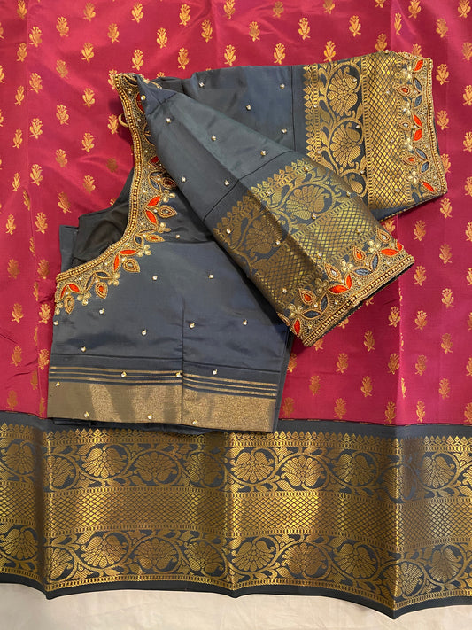 Mix Silk Saree with Maggam Aari work Stitched blouse|Kanjivaram Pattu style mix silk saree |Saree with readymade blouse|Fall ,Pico/overlock done