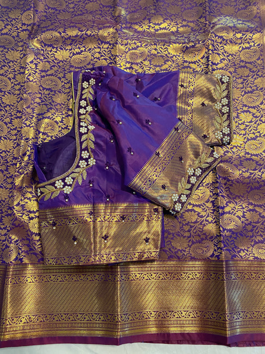 Mix Silk Saree with Maggam Aari work Stitched blouse|Kanjivaram Pattu style mix silk saree |Saree with readymade blouse|Fall ,Pico/overlock done