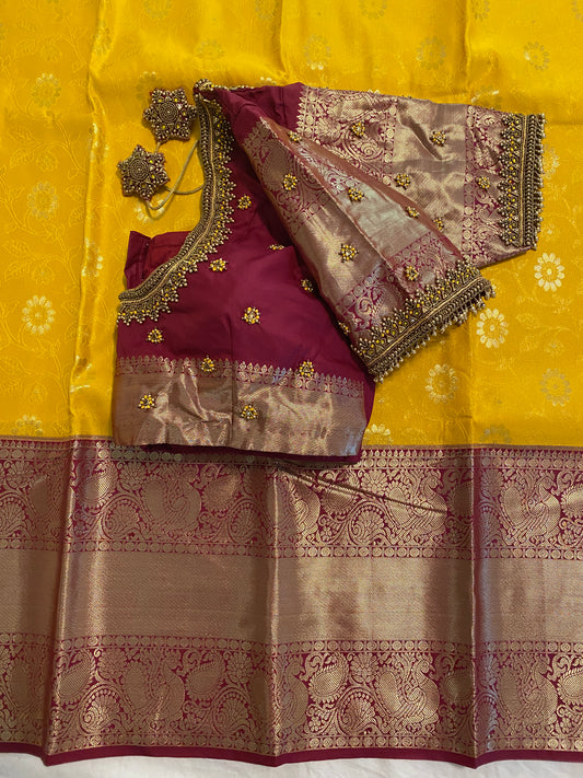 Mix Silk Saree with Maggam Aari work Stitched blouse|Kanjivaram Pattu style mix silk saree |Saree with readymade blouse|Fall ,Pico/overlock done