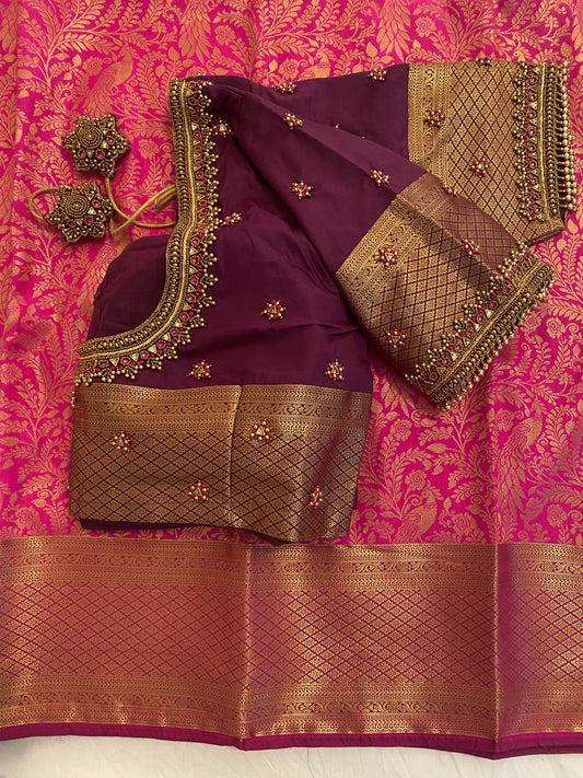 Mix Silk Saree with Maggam Aari work Stitched blouse|Kanjivaram Pattu style mix silk saree |Saree with readymade blouse|Fall ,Pico/overlock done