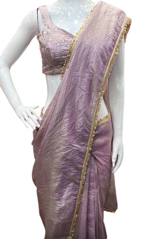 Ready to wear 1 min Saree| Saree with readymade blouse |Light weight|Easy to wear saree |Pleated with hooks| Gold crush Tissue Silk Saree