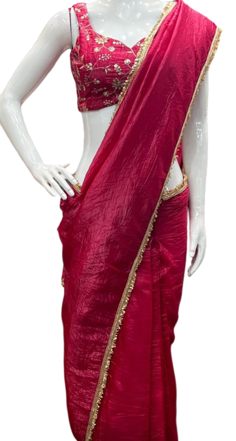 Ready to wear 1 min Saree| Saree with readymade blouse |Light weight|Easy to wear saree |Pleated with hooks| Gold crush Tissue Silk Saree