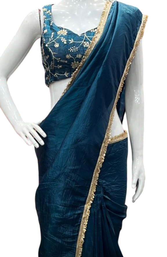 Ready to wear 1 min Saree| Saree with readymade blouse |Light weight|Easy to wear saree |Pleated with hooks| Gold crush Tissue Silk Saree