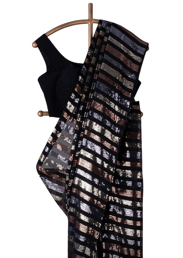 Black Party Saree| Sequins Party Saree |Georgette fabric| Saree with unstitched blouse|Fall /pico done