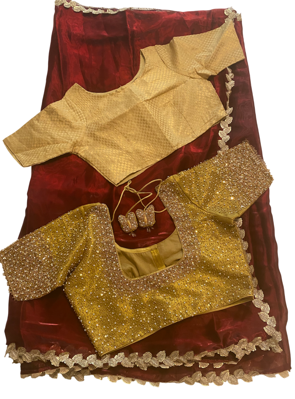 Organza Saree with Sequin Lace and stitched blouse|Light weight| Plain saree with border and readymade blouse|Fall pico/overlock done