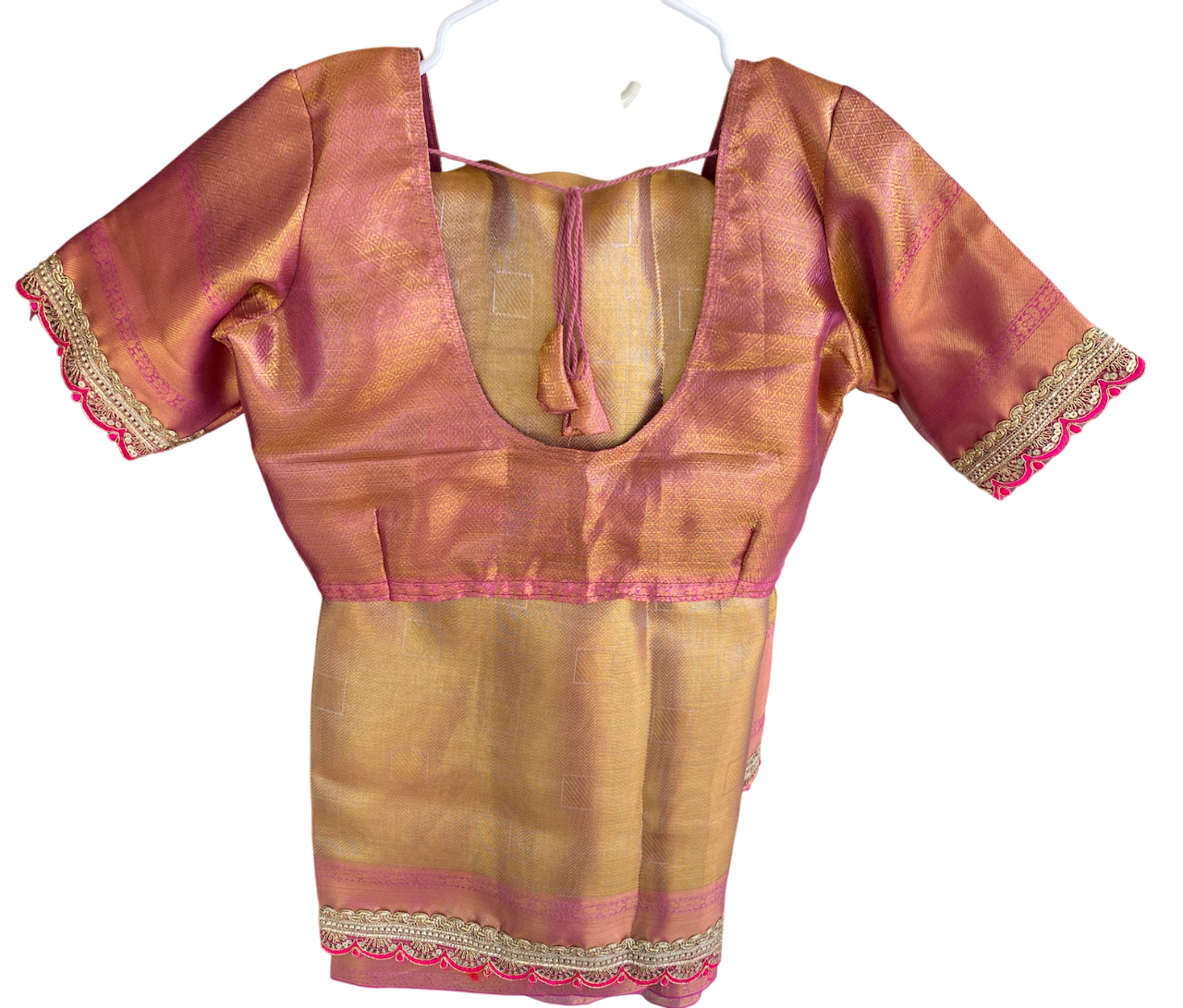 Jyotika Style Tissue saree with lace border|Gold and Light Pink| Saree with stitched Blouse|Non-Padded fits bust 38"- 46"|Fall pico done