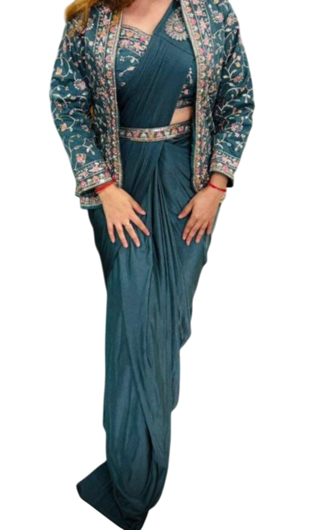 Ready to wear 1 min Saree| Saree with readymade blouse, Jacket|Light weight|Easy to wear saree |Pleated, Stitched Pallu & matching belt