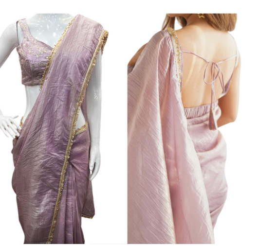Ready to wear 1 min Saree| Saree with readymade blouse |Light weight|Easy to wear saree |Pleated with hooks| Gold crush Tissue Silk Saree