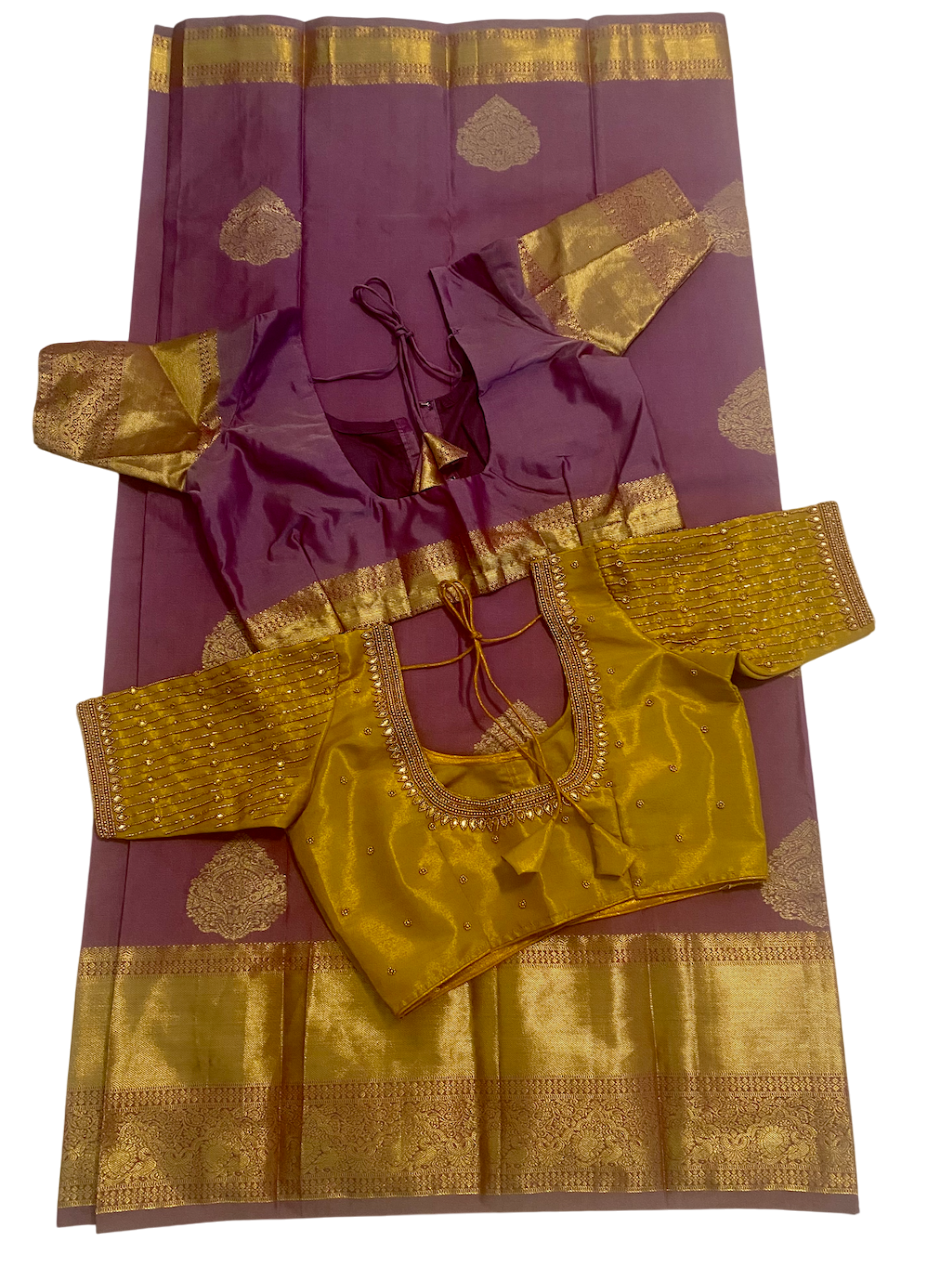 Pattu style Mix Silk Saree with Readymade Maggam Aari blouse|PrincessCut|Fits 36"-42”|Wedding Embroidered Blouse|Saree with stitched blouse Fall Pico done