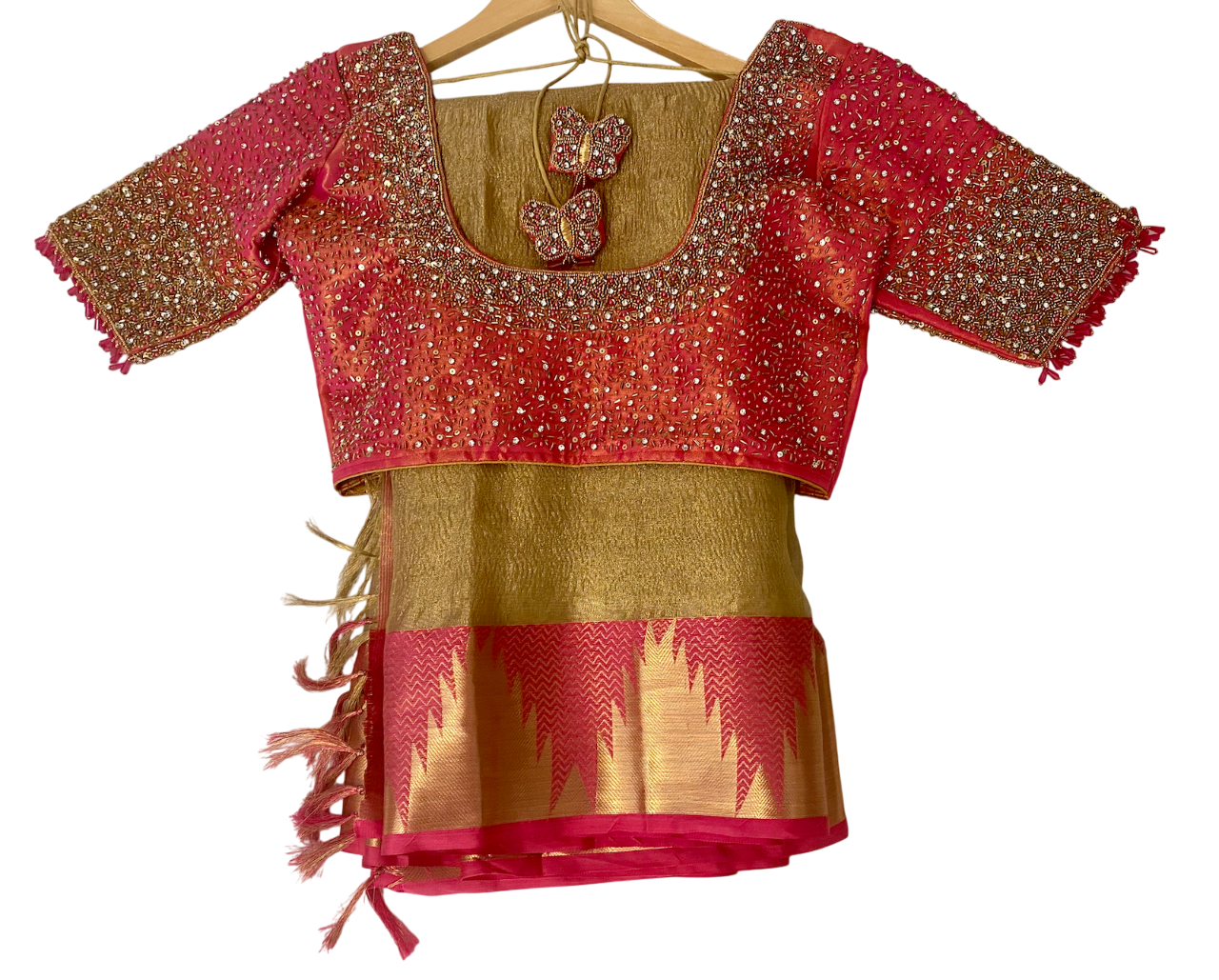 Tissue crush Saree with Readymade Stitched Maggam Aari blouse|Fits 36"margin upto 42”|