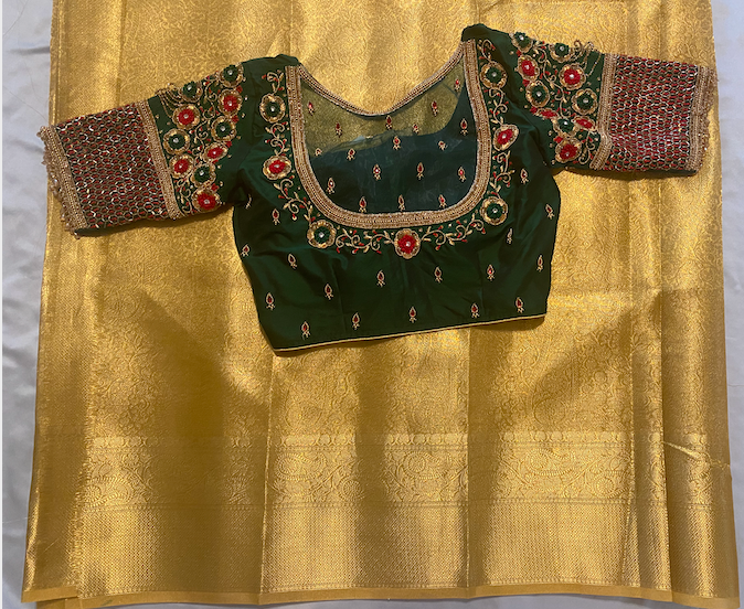 Gold Tissue Saree with Readymade Maggam Aari blouse|Fits 36"-42”||Kanjivaram style Gold Saree