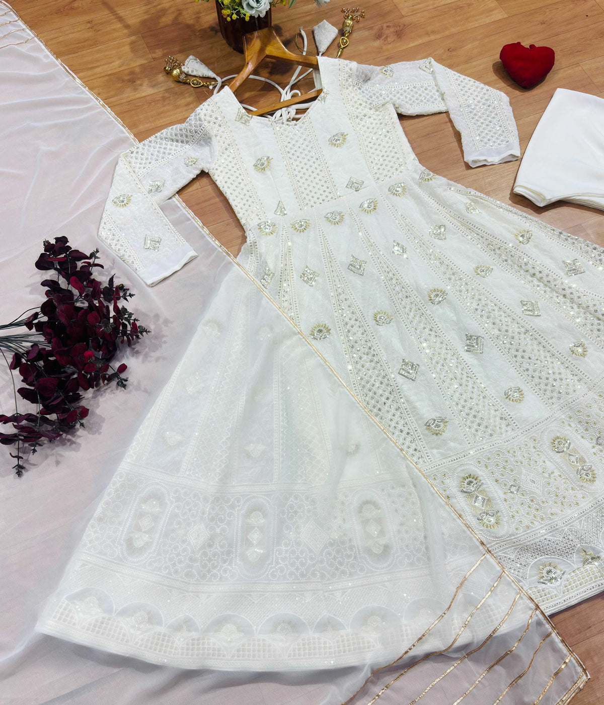 Faux Georgette Embroidery Suit in Off White
