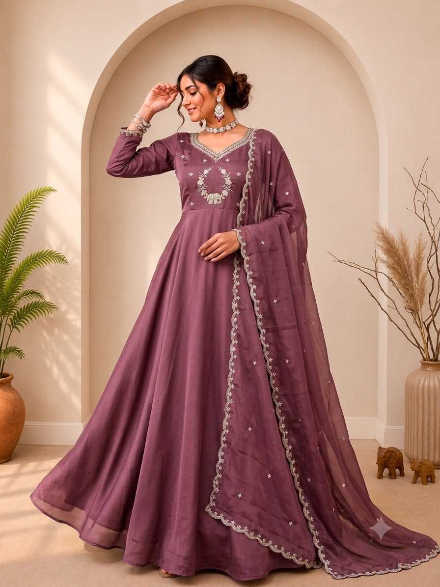 Rangoli Silk Embroidery Gown in Purple